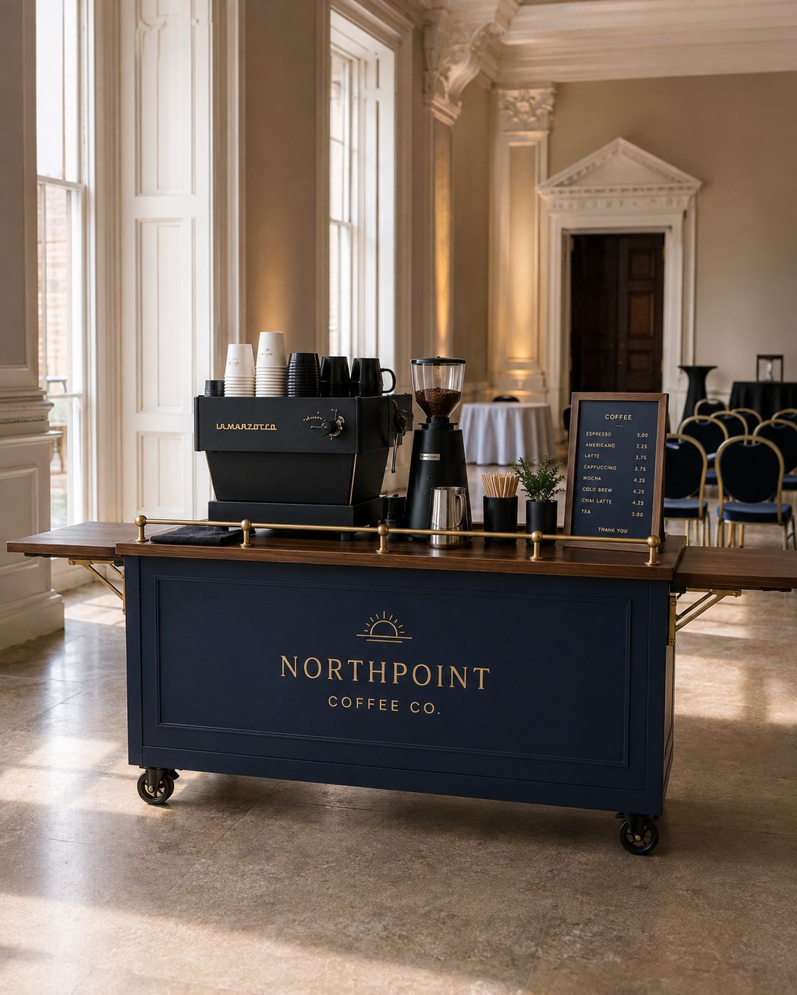 Northpoint mobile coffee cart prepared in an elegant event venue