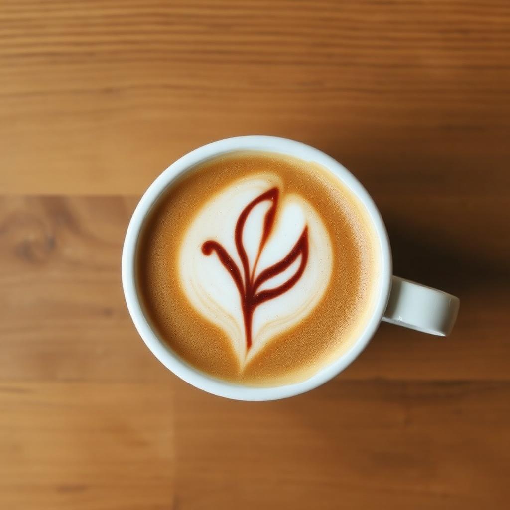 Branded takeaway cup with a stencilled logo on the coffee foam